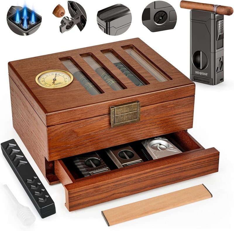 SEMKONT Cigar Humidor, Vintage Lock & Accessory Drawer Cedar Wood Humidor, Recessed Hygrometer Glass Top Desktop Cigar Box, with Humidifier, Cigar Lighter and Dropper,Hold 20-35 Cigars - Image 1